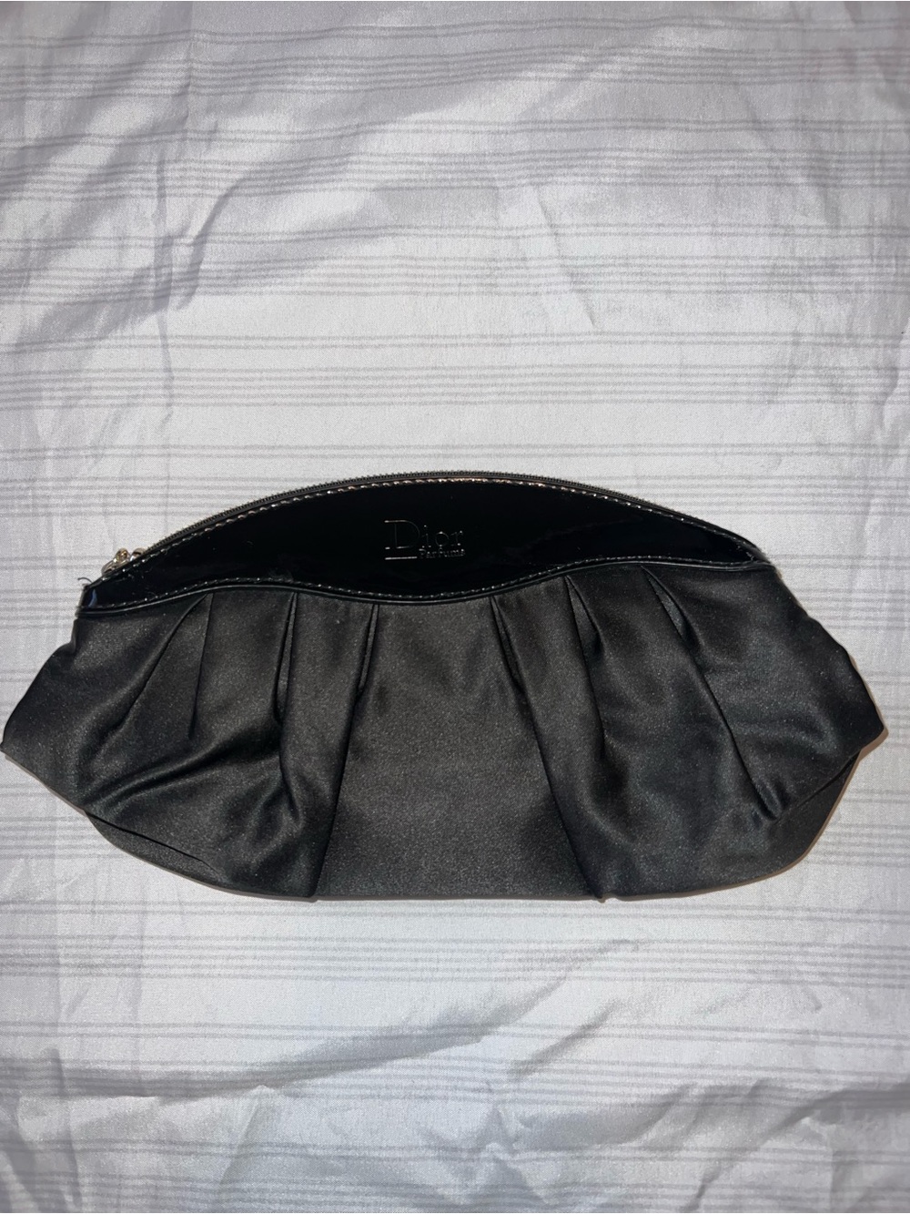 Dior Black Satin Pleated Wristlet with Glossy Trim & Gold Zipper